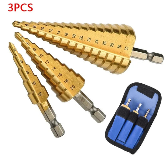 Straight Groove Step Drill Bit HSS Titanium Coated Wood Metal Hole Cutter Core Drilling Tools Set 4 Models 3-12 4-12 4-20 4-32 Peaceful Pleasures Health and Wellness