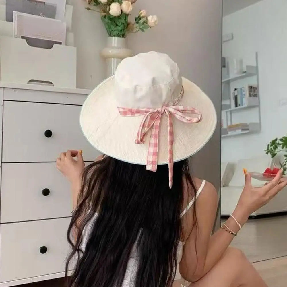 Women Summer UV Protection Wide Brim Sun Hats With Chin Strap Cute Pastel Plaid Beach Hat For Outdoor Travel & Daily Wear Peaceful Pleasures Health and Wellness