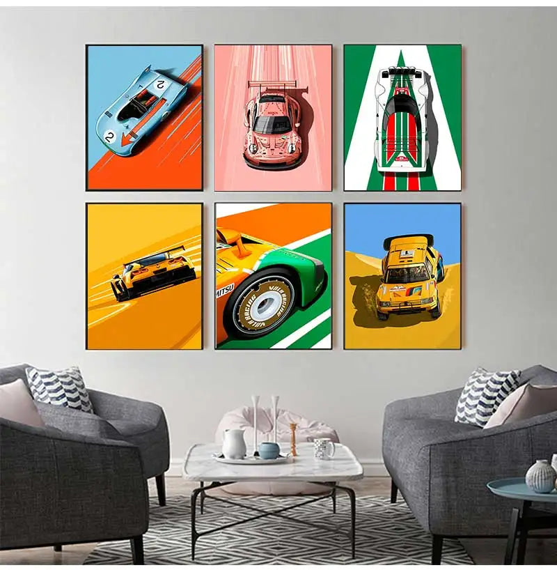 Cartoon Racing Car Canvas Wall Art | Boys Room Motorsport Decor