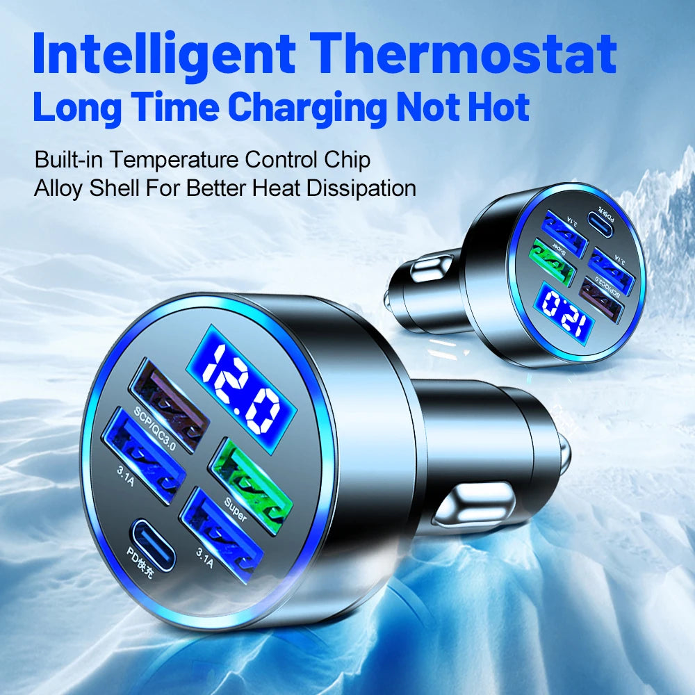 150W 5-Port Car Charger PD QC 3.0 Fast Charge Digital Display