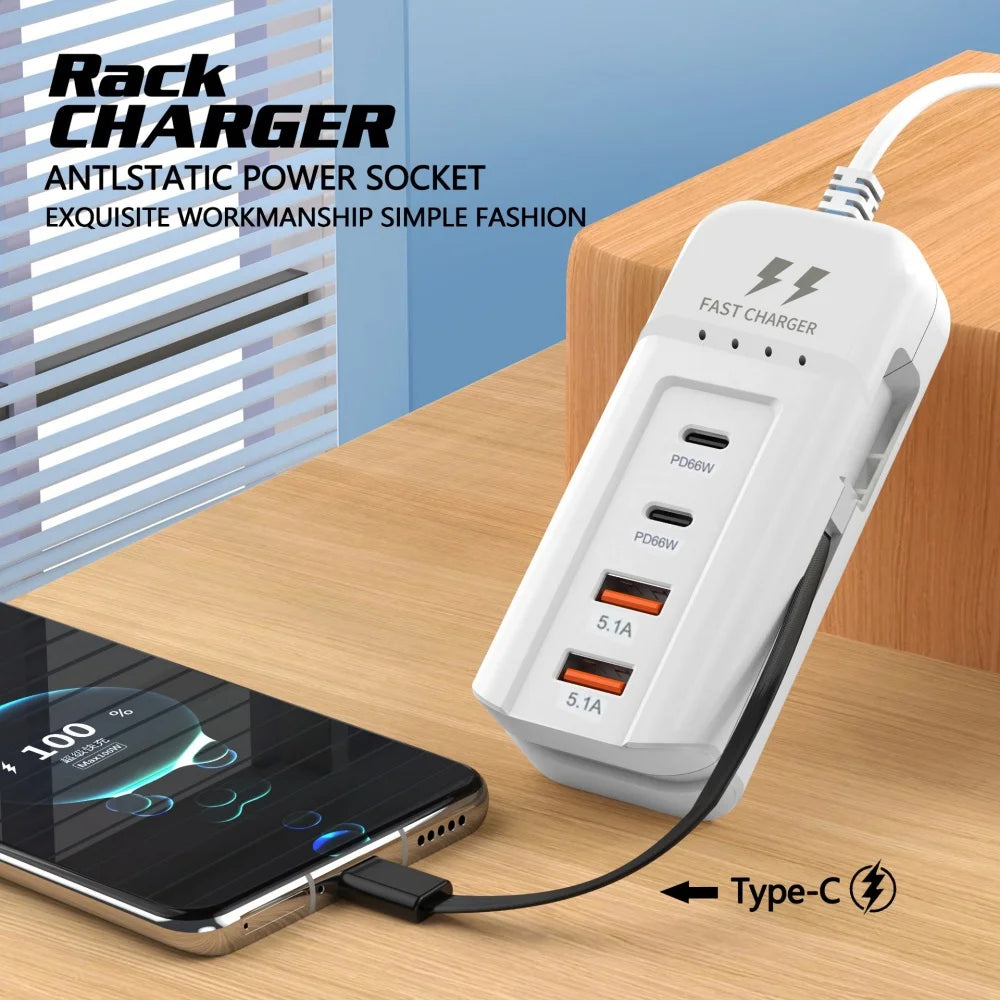66W 4-Port USB-C PD Fast Charger | QC3.0 EU/US/UK Wall Adapter