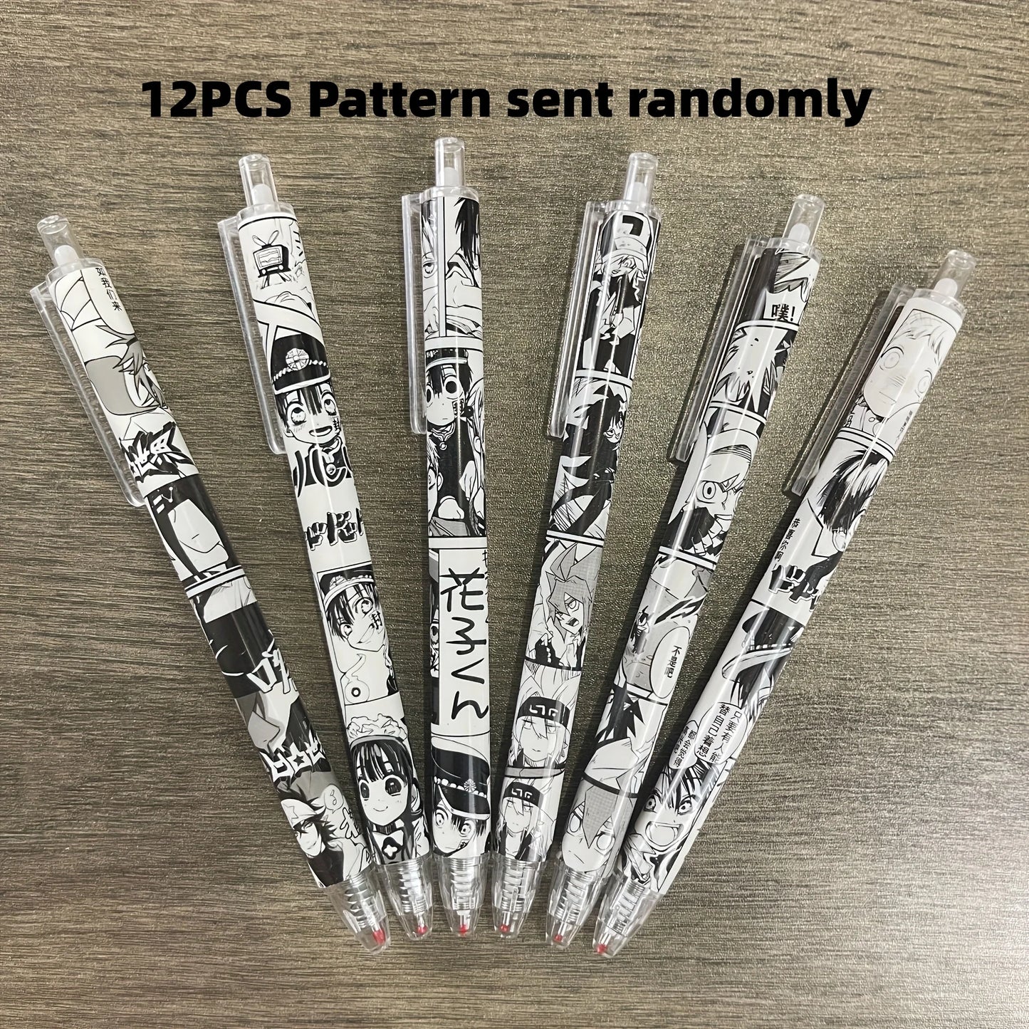 2 Boxes of 12 Pens with Random Designs, Anime-Themed, Medium-Sized Nib, Water-Based Black Ink, Durable Plastic, Office and School Stationery, Retractable Pens, Cute Style Peaceful Pleasures Health and Wellness 12Pcs