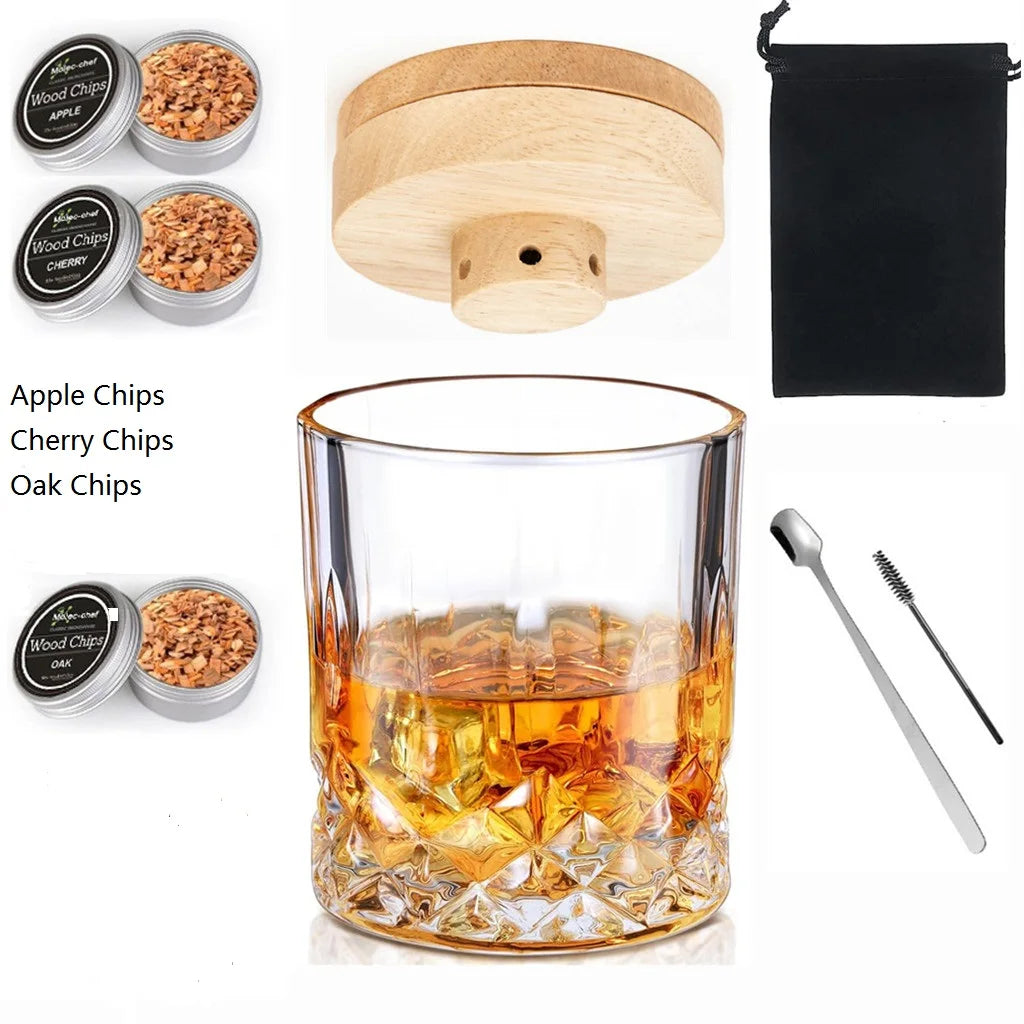 Cocktail Smoker Kit Whiskey Glass with Wooden Smoked Wood Hood Smoker For Drinks Kitchen Bar Accessories to Make Special Whiskey Peaceful Pleasures Health and Wellness 3 Woods