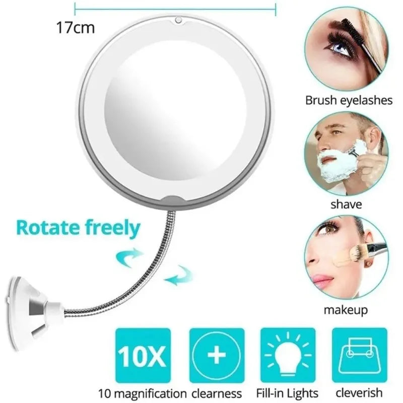 Flexible Gooseneck Makeup Mirror with LED Light 10X Magnifying Mirror Suction Cup Bright Diffused Light and 360 Degree Swivel Peaceful Pleasures Health and Wellness