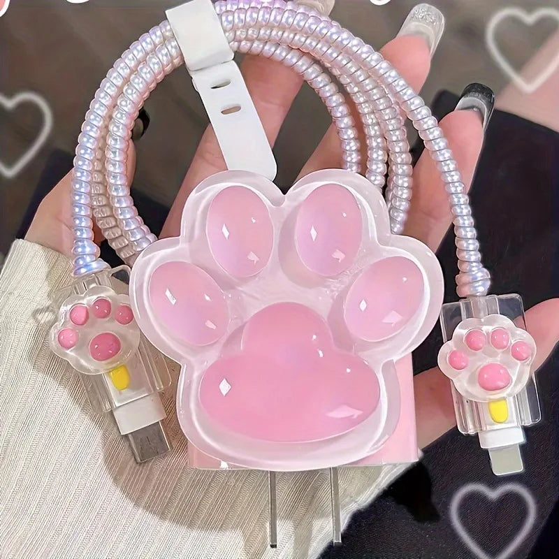 Pink Cute Cat Print 20W Fast Charging Cable Protector for iPhone - Protective Cover for Girls, Stylish Phone Accessory Peaceful Pleasures Health and Wellness