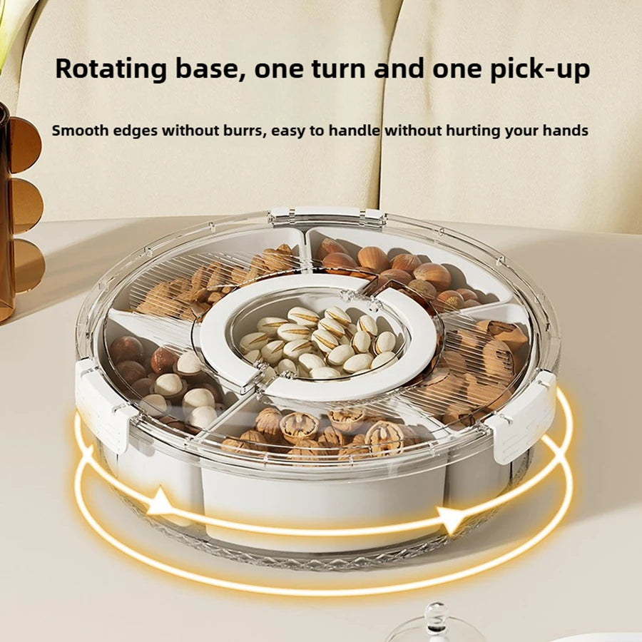 Rotating Divided Serving Tray with Lid & Handle – Large Snack Spinner & Multi-Purpose Food Platter