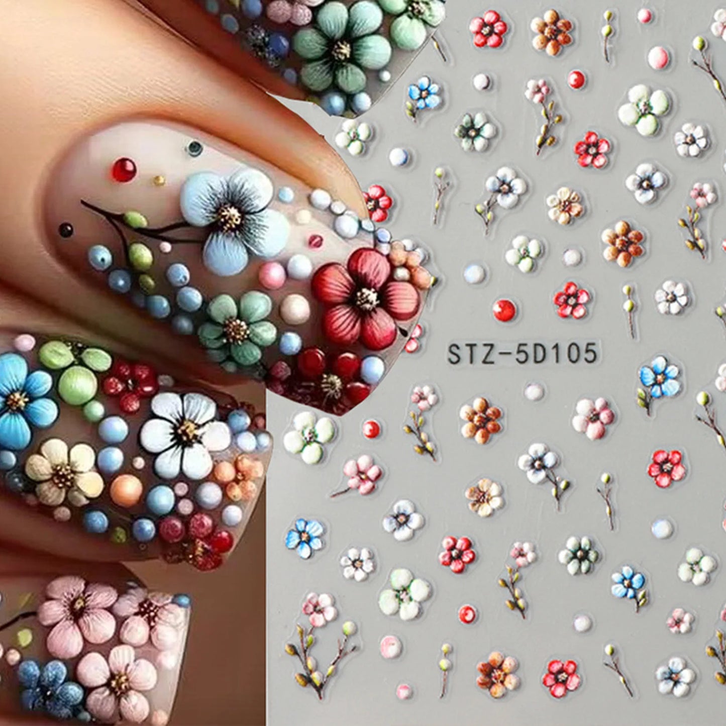5D Embossed Flower Nail Art Stickers | Laser Glitter Decals