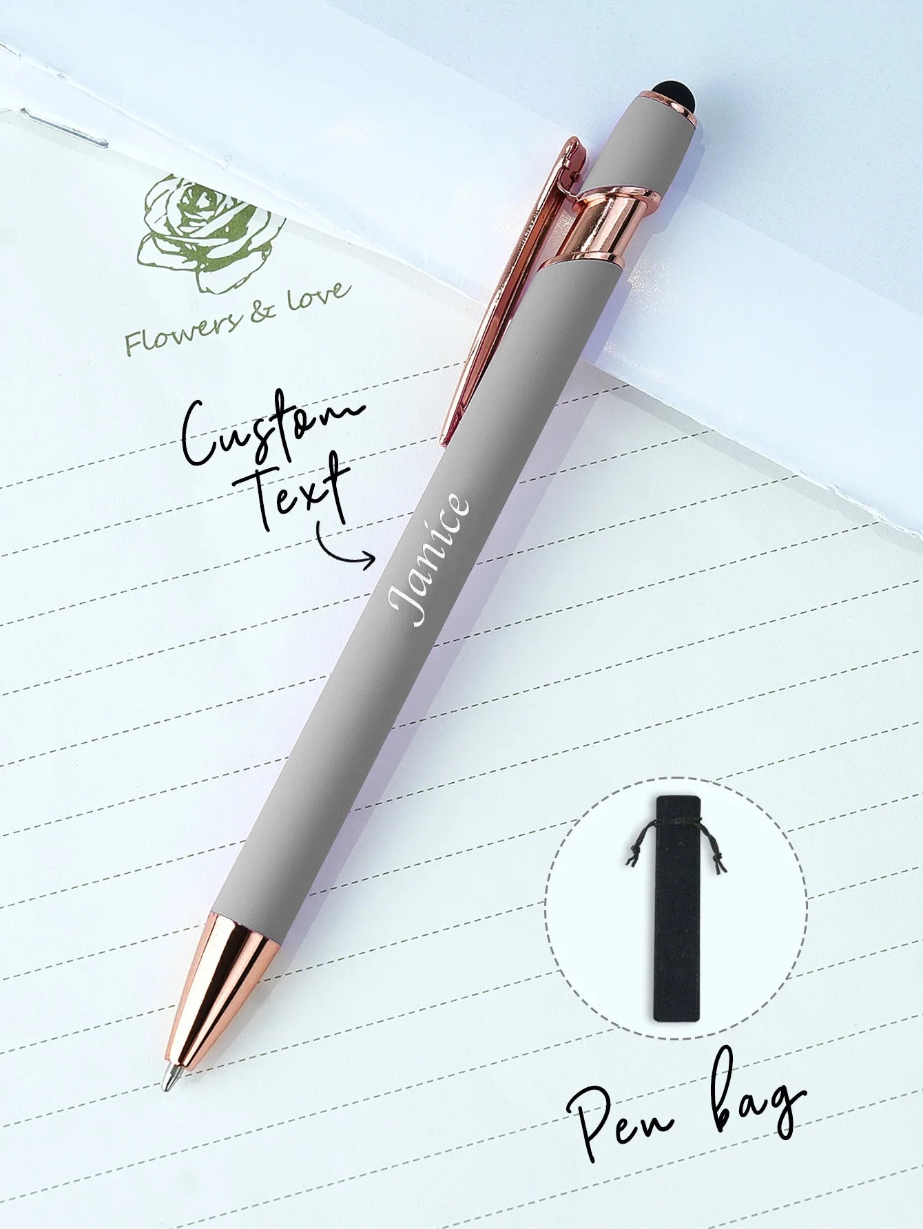 Custom Name Ballpoint Pen Personalized Engraved Stylus Soft Touch 10 Colors Gift For Coupes Teacher Student Back To School Peaceful Pleasures Health and Wellness Light Grey One Size