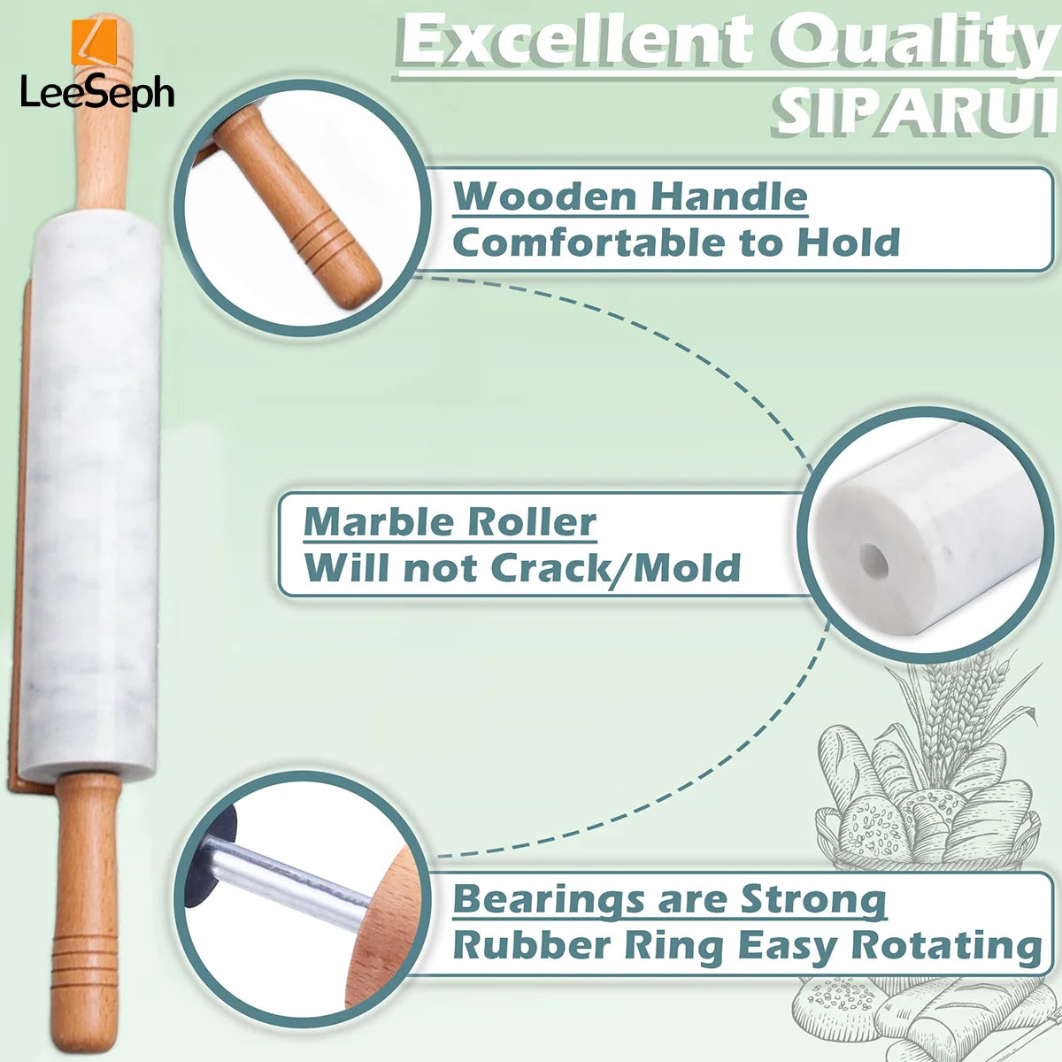 Leeseph Premium Marble Rolling Pin with Wooden Handles and Base, Easy to Clean, Perfect for Professional and Home Kitchens Peaceful Pleasures Health and Wellness