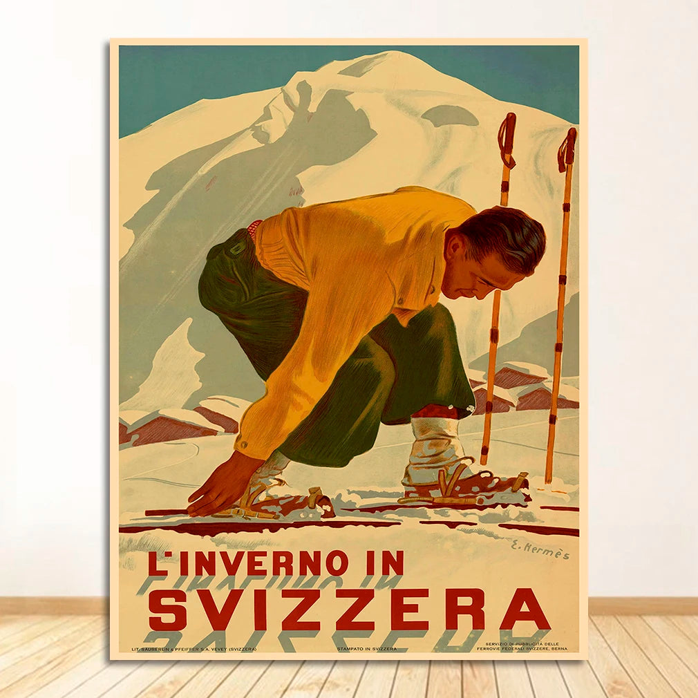 Retro Skiing Alps Switzerland Canvas Wall Art | Vintage Ski Poster