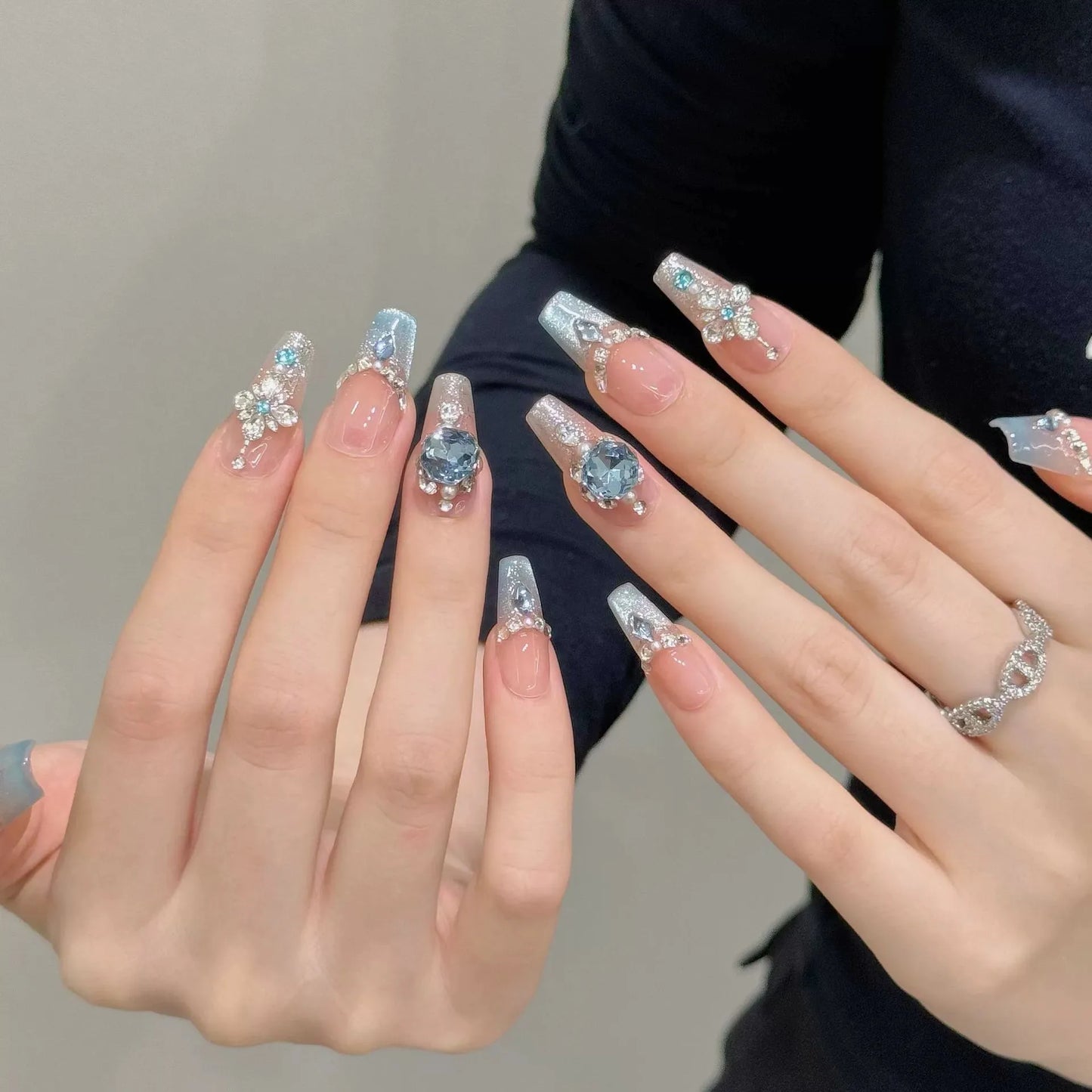 Handmade Press On Nails French Light Blue Cat's Eye K9 Diamond