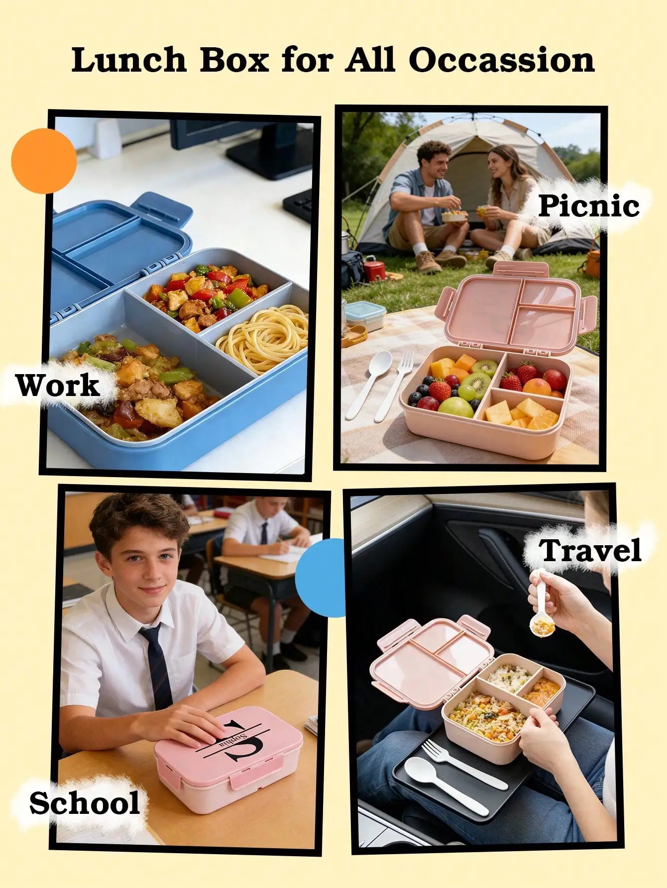 Custom Name Bento Lunch Box Portable With Fork Spoon Pink Blue Personalized Food Container For Kids Adults Work School Picnic Peaceful Pleasures Health and Wellness