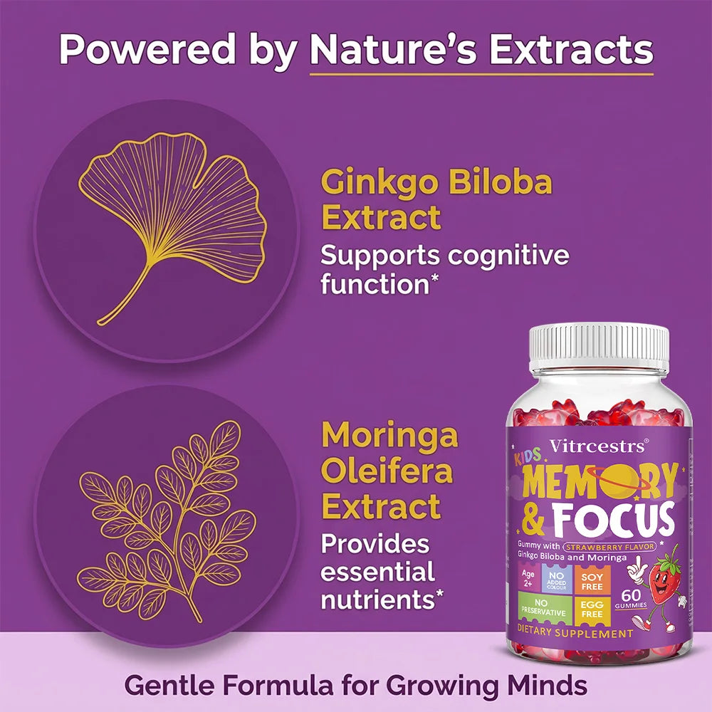 Kids' Focus Gummies, with Ginkgo Biloba, Potassium, Improve Children's Focus and Attention, Enhance Brain Function Peaceful Pleasures Health and Wellness