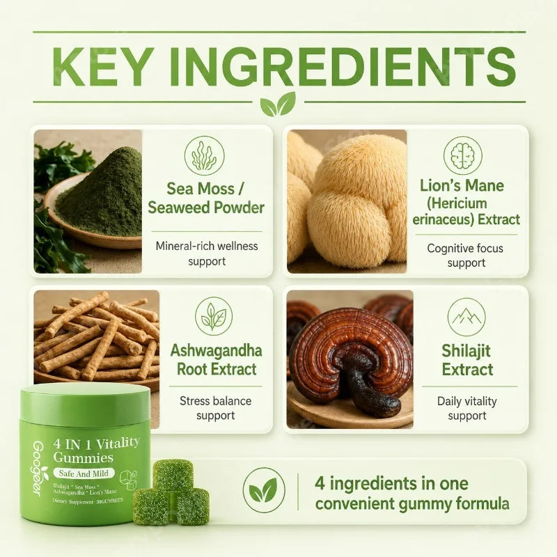 4-in-1 Vitality Gummies: Shilajit, Sea Moss, Ashwagandha & Lion's Mane
