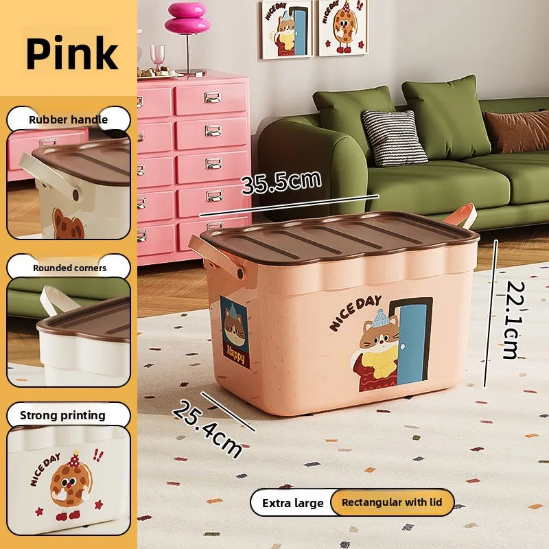 Cartoon Pattern Lidded Storage Box for Toys Snacks Dustproof Desktop Container Household Storage Solution for Various Items Peaceful Pleasures Health and Wellness Pink with Lid XL 1 Pc