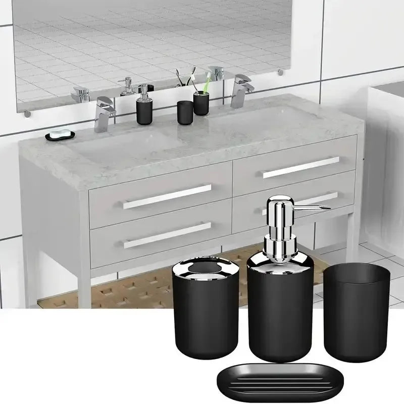 4pcs Bathroom Set, Plastic Gift Set, Toothbrush Holder, Toothbrush Cup, Soap Dispenser, Soap Dish (Gray, Black) Peaceful Pleasures Health and Wellness