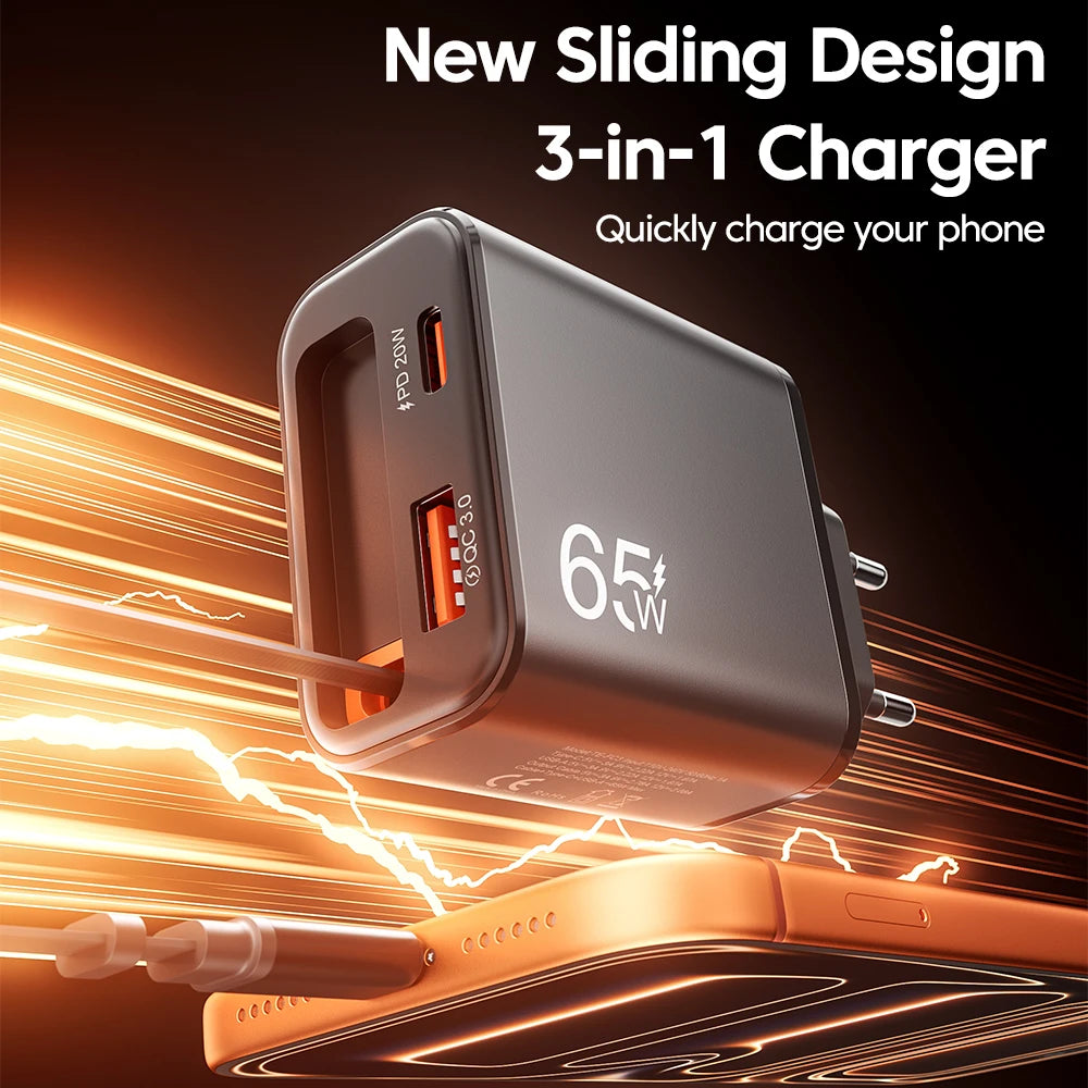 65W GaN Charger 3-Port PD QC3.0 Retractable USB-C Cable