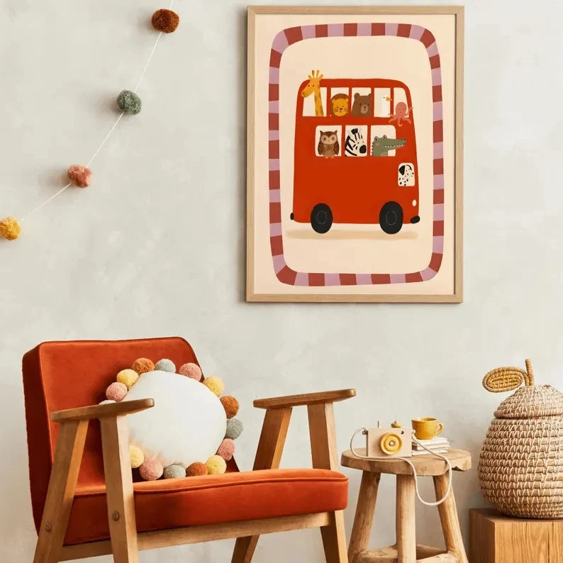 Cartoon Animals Red Bus Canvas Wall Art | Kids Room Decor