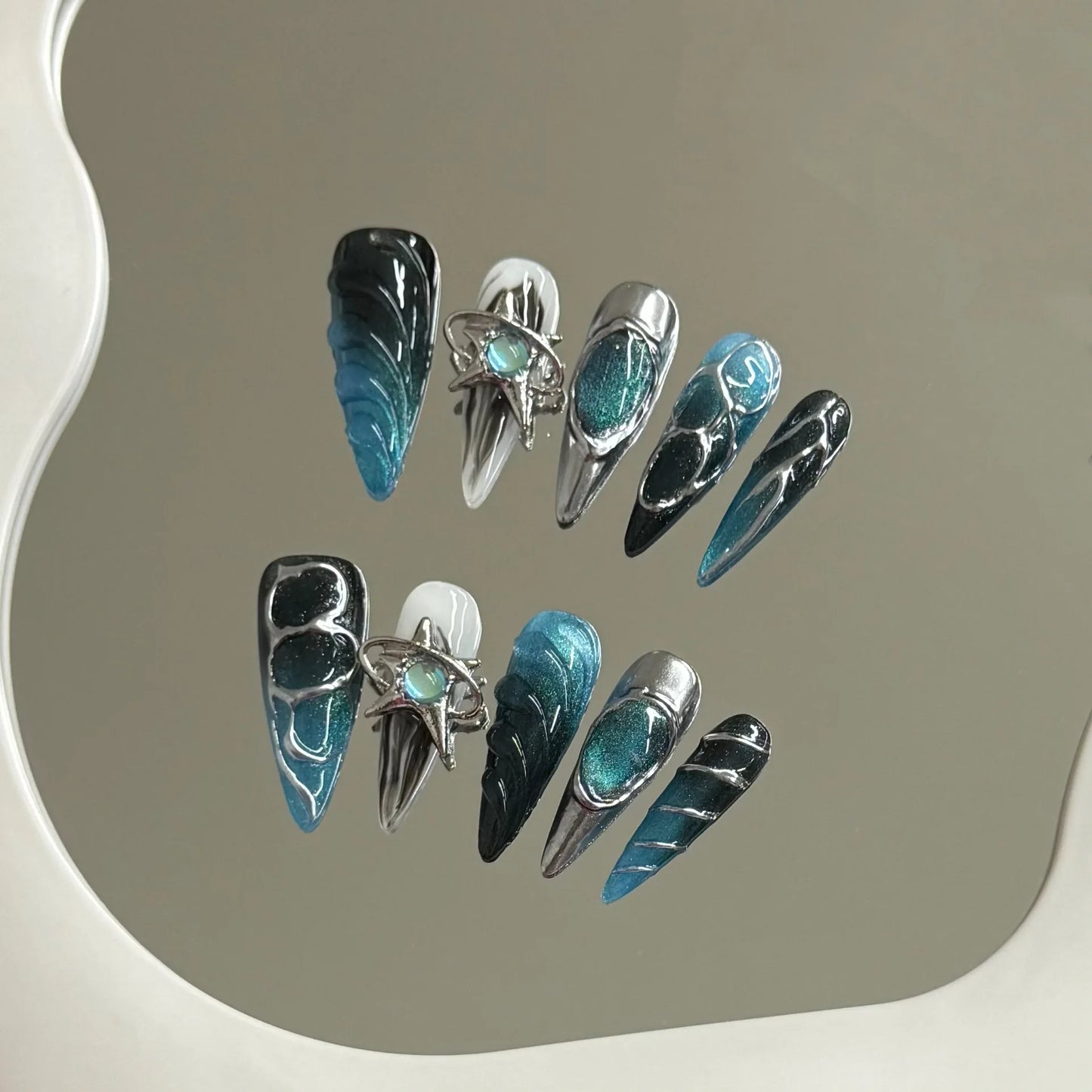 10pcs Handmade Press on Nails Gothic Punk Metal Silver Irregular Lines Fake Nail Tips Wearable Dark Blue Spice Girl False Nails Peaceful Pleasures Health and Wellness