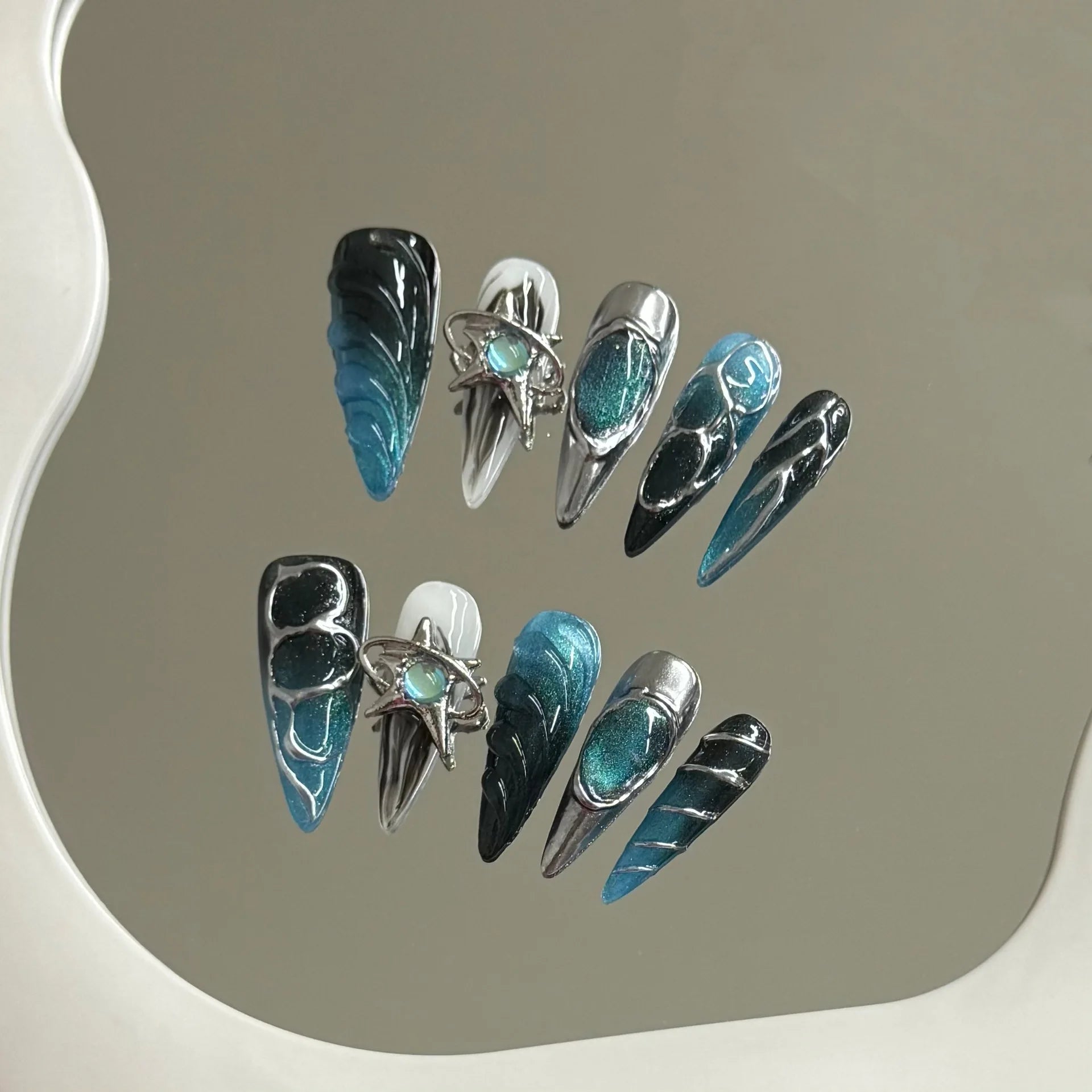 10pcs Handmade Press on Nails Gothic Punk Metal Silver Irregular Lines Fake Nail Tips Wearable Dark Blue Spice Girl False Nails Peaceful Pleasures Health and Wellness