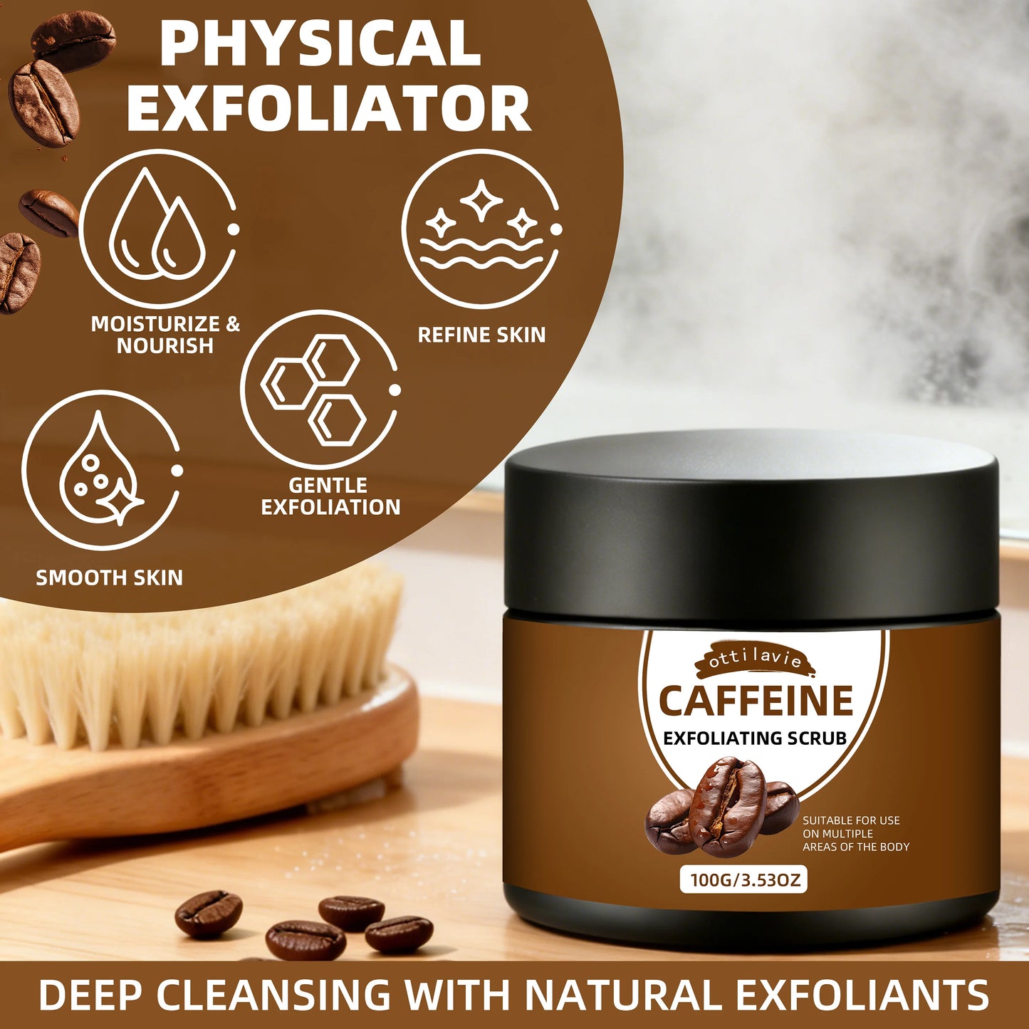 Ottilavie Caffeine Exfoliating Scrub, Gentle Exfoliating Deep Cleansing For Hands, Feet & Body, Daily Skincare Routine Peaceful Pleasures Health and Wellness