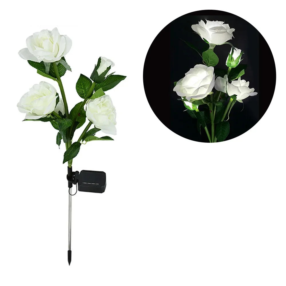 GGbingo 5 Heads Solar Lights Outdoor Decorative Solar Garden Lights Rose Flower Lawn Lamp for Yard Patio Garden Decor Peaceful Pleasures Health and Wellness White