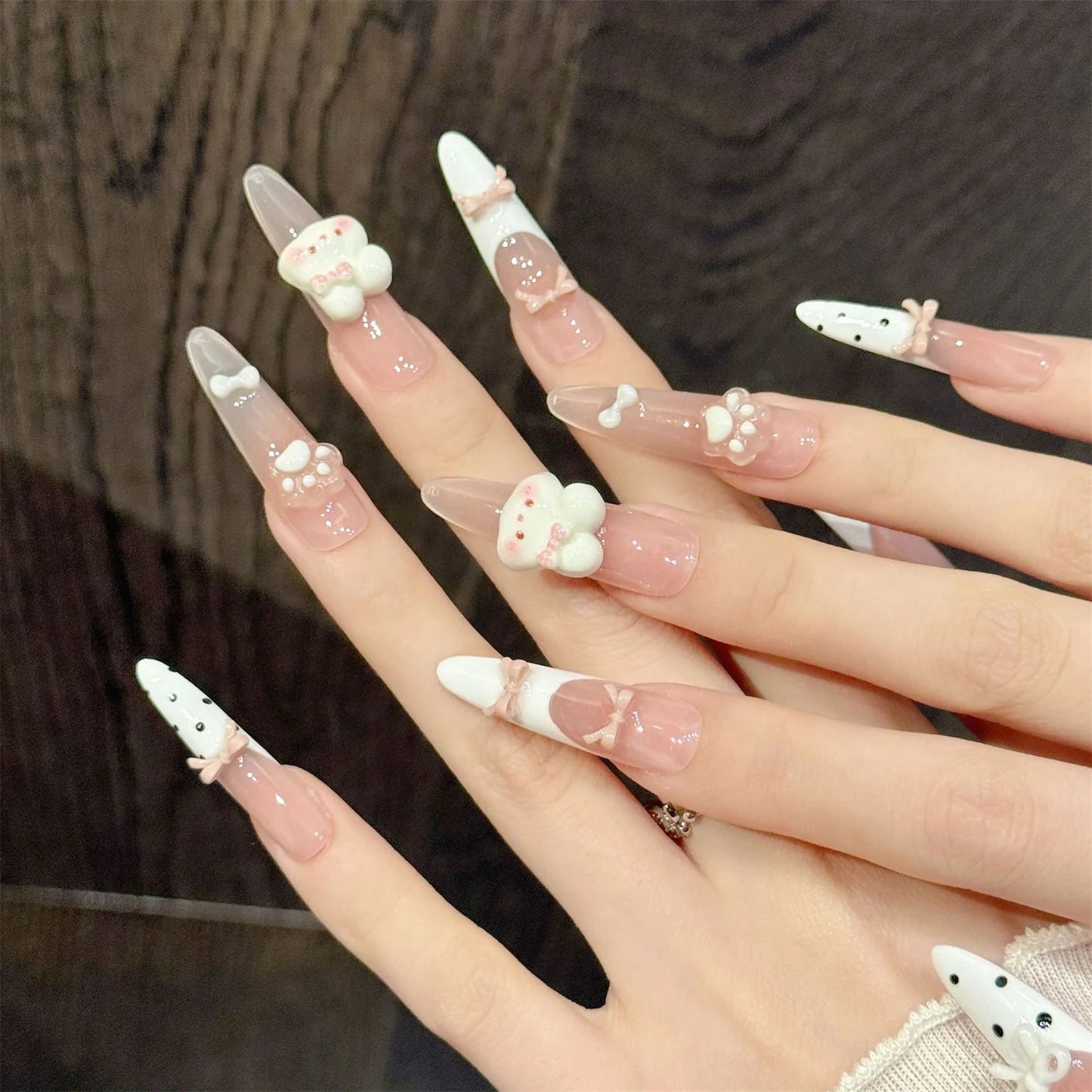 3D Pink Rabbit Press On Nails | Almond Gradient Korean Style