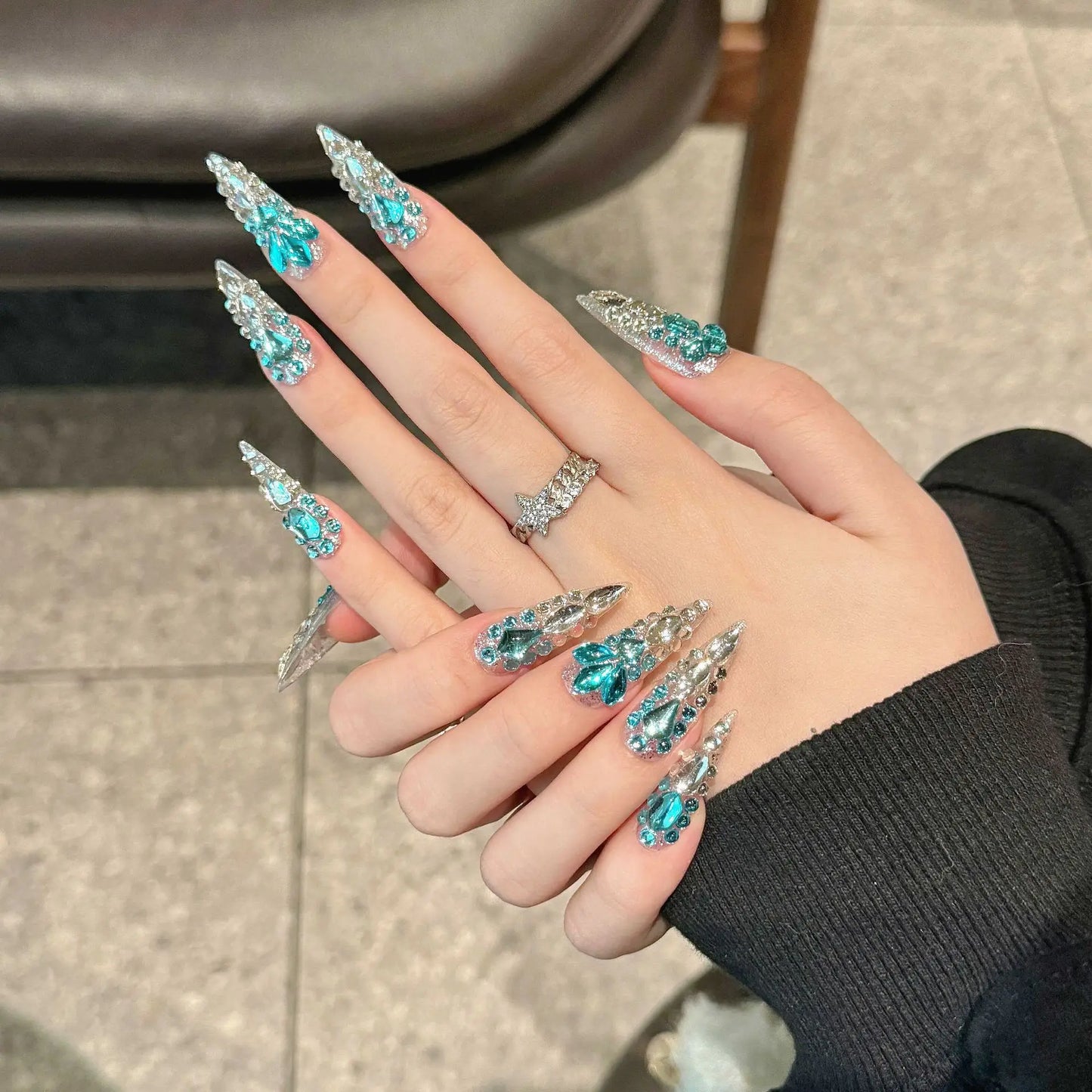 10pcs Rhinestones Handmade Press On Nails Long Pointed Fake Nails Colorful Full Diamond Decor Wearable French Flash False Nails Peaceful Pleasures Health and Wellness