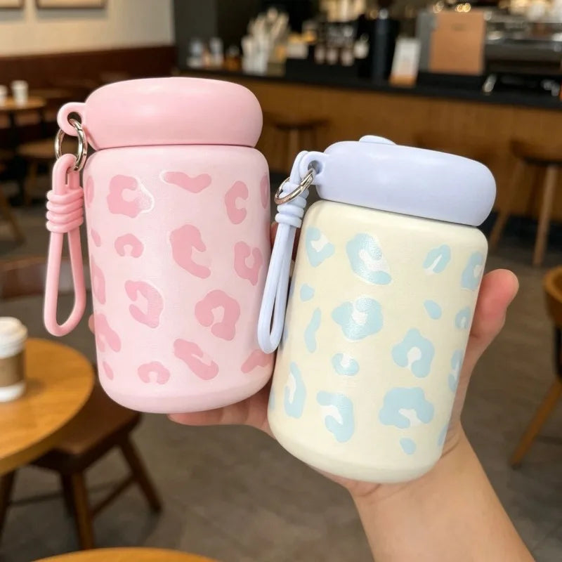 350ml Dopamine Leopard Print Insulated Cup 304 Stainless Steel Mini Straw Portable Car Coffee Cup with Drawstring Water Cup Peaceful Pleasures Health and Wellness