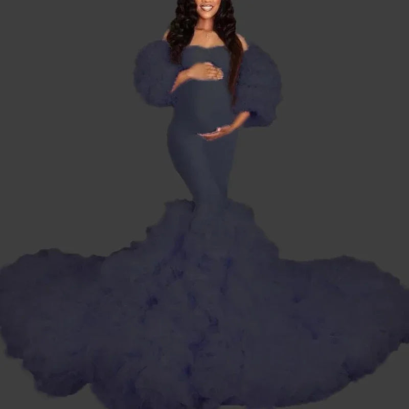 Hot Maternity Dresses Photoshoot Tulle Maxi Gown Baby Shower Ruffles Платье Для Беременных Ropa Платье Вечернее Peaceful Pleasures Health and Wellness BLACK US 22W