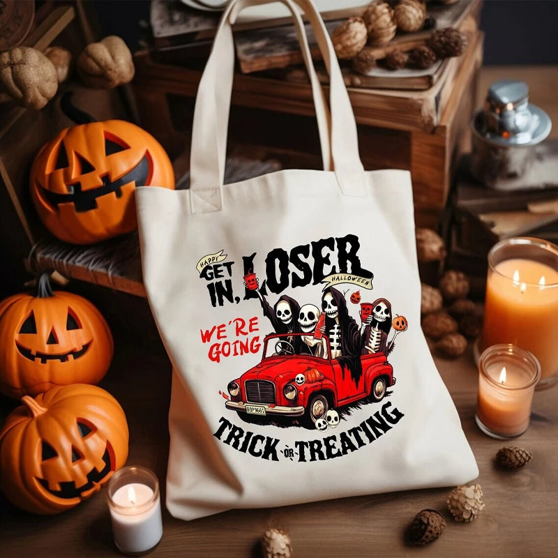 Halloween Canvas Tote Bag "Get in Losers" | Spooky Shoulder Bag Halloween Tote Bag Peaceful Pleasures Health and Wellness