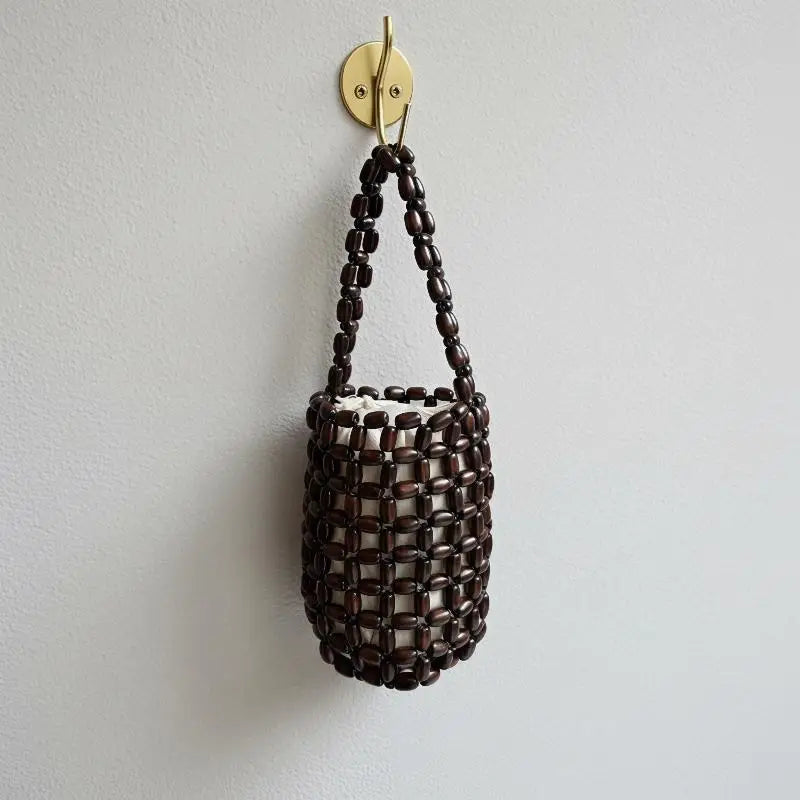 Handmade Wood Bead Mini Bucket Bag – Boho Wrist Purse