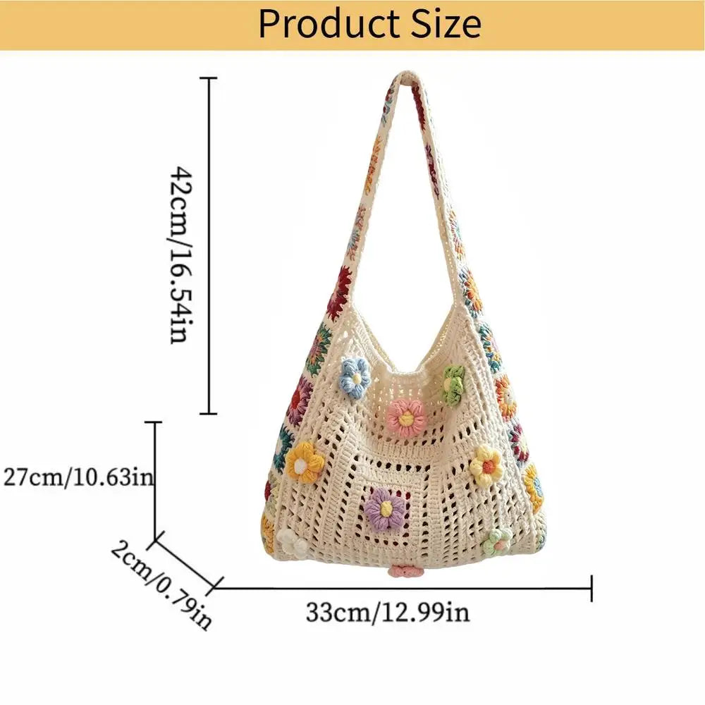 Boho Crochet Flower Tote Bag – Woven Beach Shoulder Handbag