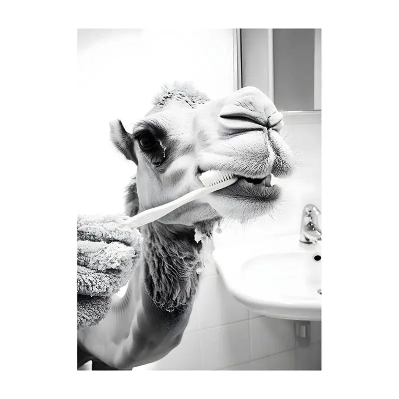 Funny Bathroom Animal Canvas Wall Art | Vintage Brushing Teeth