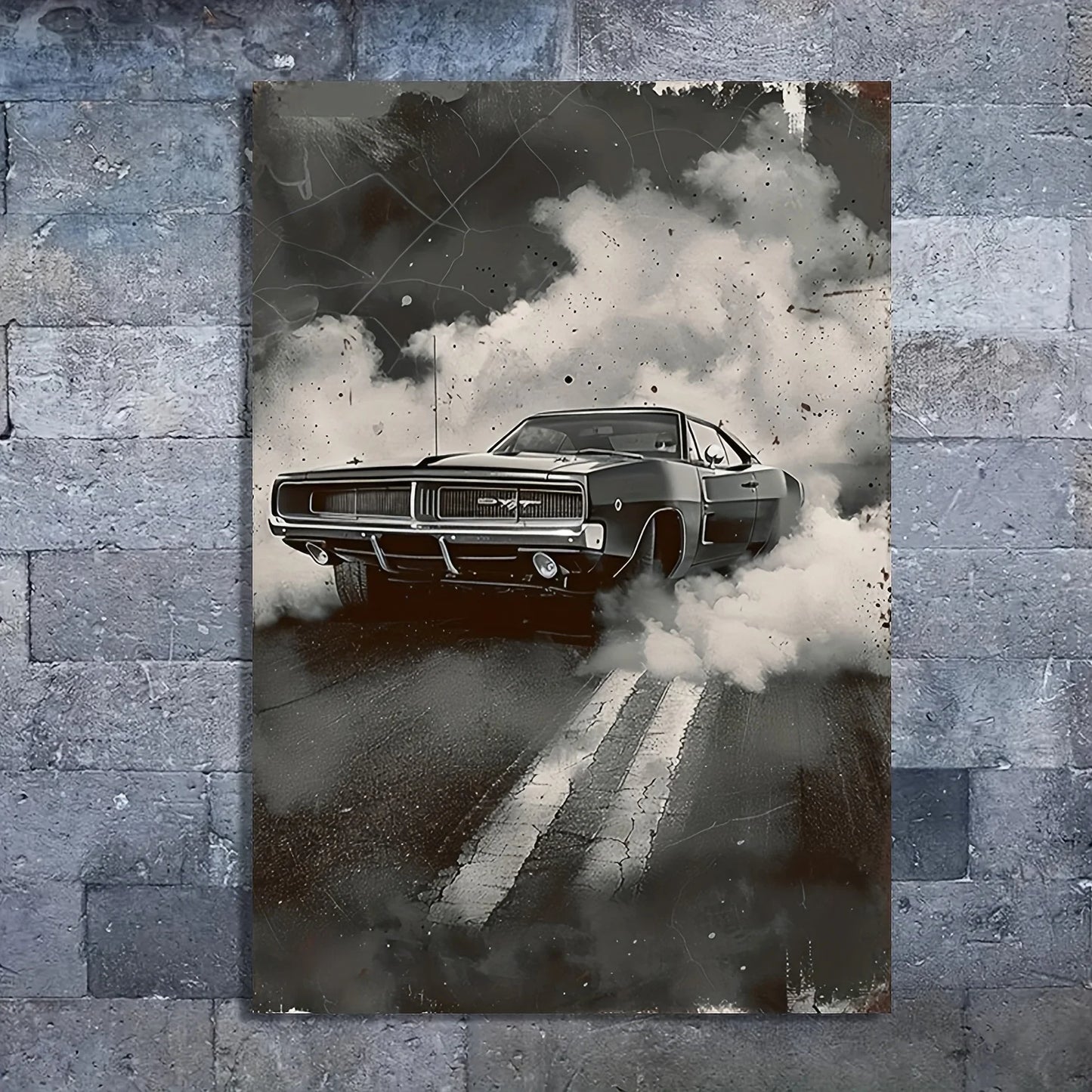 Black and White Muscle Car Canvas Print – Drifting Smoke Scene, Retro Auto Portrait, Frameless for Home Office Decor Peaceful Pleasures Health and Wellness