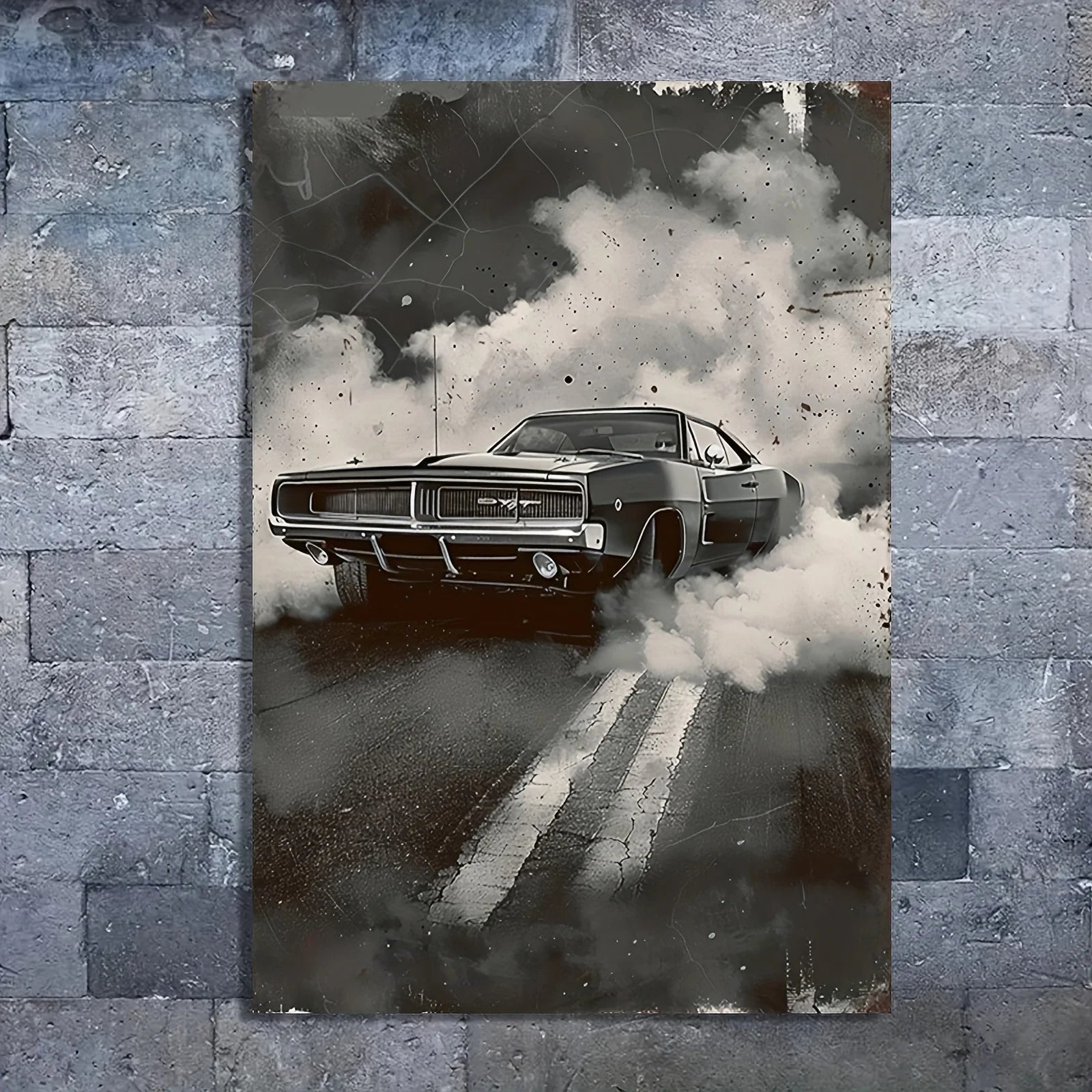 Black and White Muscle Car Canvas Print – Drifting Smoke Scene, Retro Auto Portrait, Frameless for Home Office Decor Peaceful Pleasures Health and Wellness