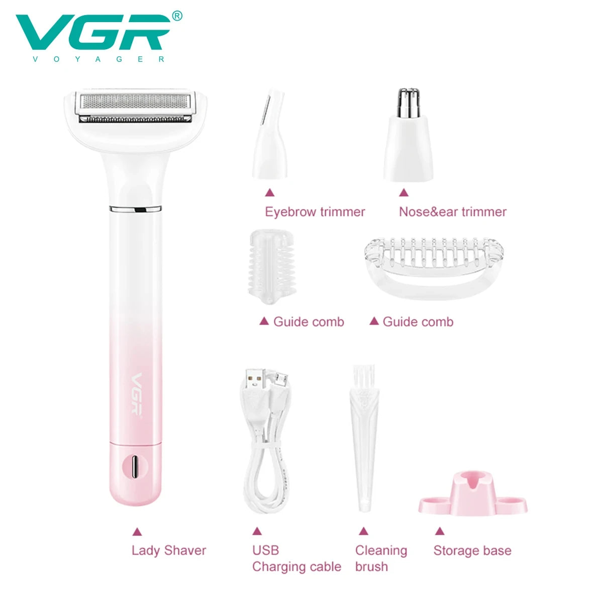 VGR Electric 3-in-1 Beauty Cleaning Set Facial Shaver Eyebrow Trimming Machine Nose Hair Trimmer Female Body Shaver V-611 Peaceful Pleasures Health and Wellness