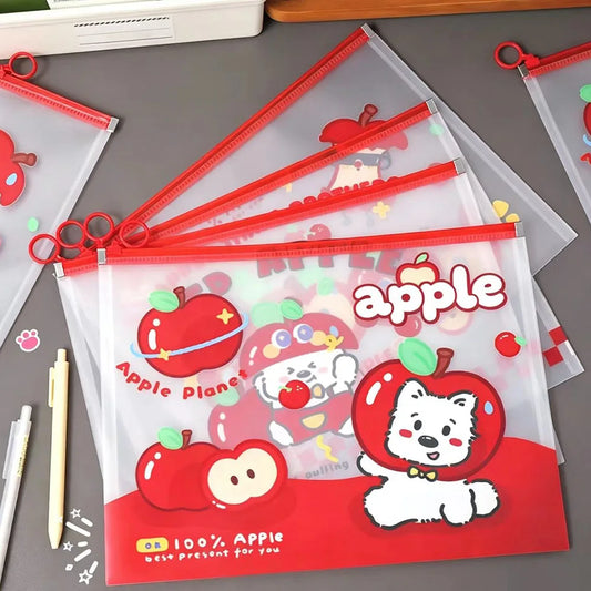 4 Cute Apple Dog A4 File Bag Pull Edge Transparent Data Archive Peaceful Pleasures Health and Wellness