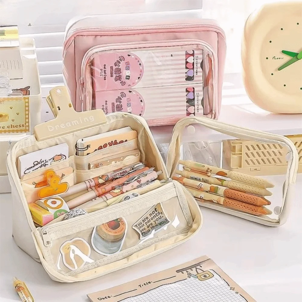Kawaii Large Capacity Transparent Pencil Case DIY Zipper Transparent Pen Bag Multifunctional Solid Color Stationery Box Friend Peaceful Pleasures Health and Wellness