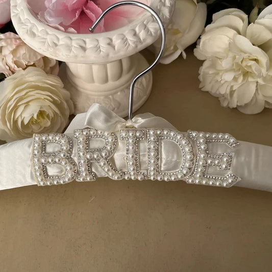 Bride Satin Pearl Hanger with Bow | Bridal Shower Wedding Gift Bridal Dress Hanger Peaceful Pleasures Health and Wellness BRIDE 38cm