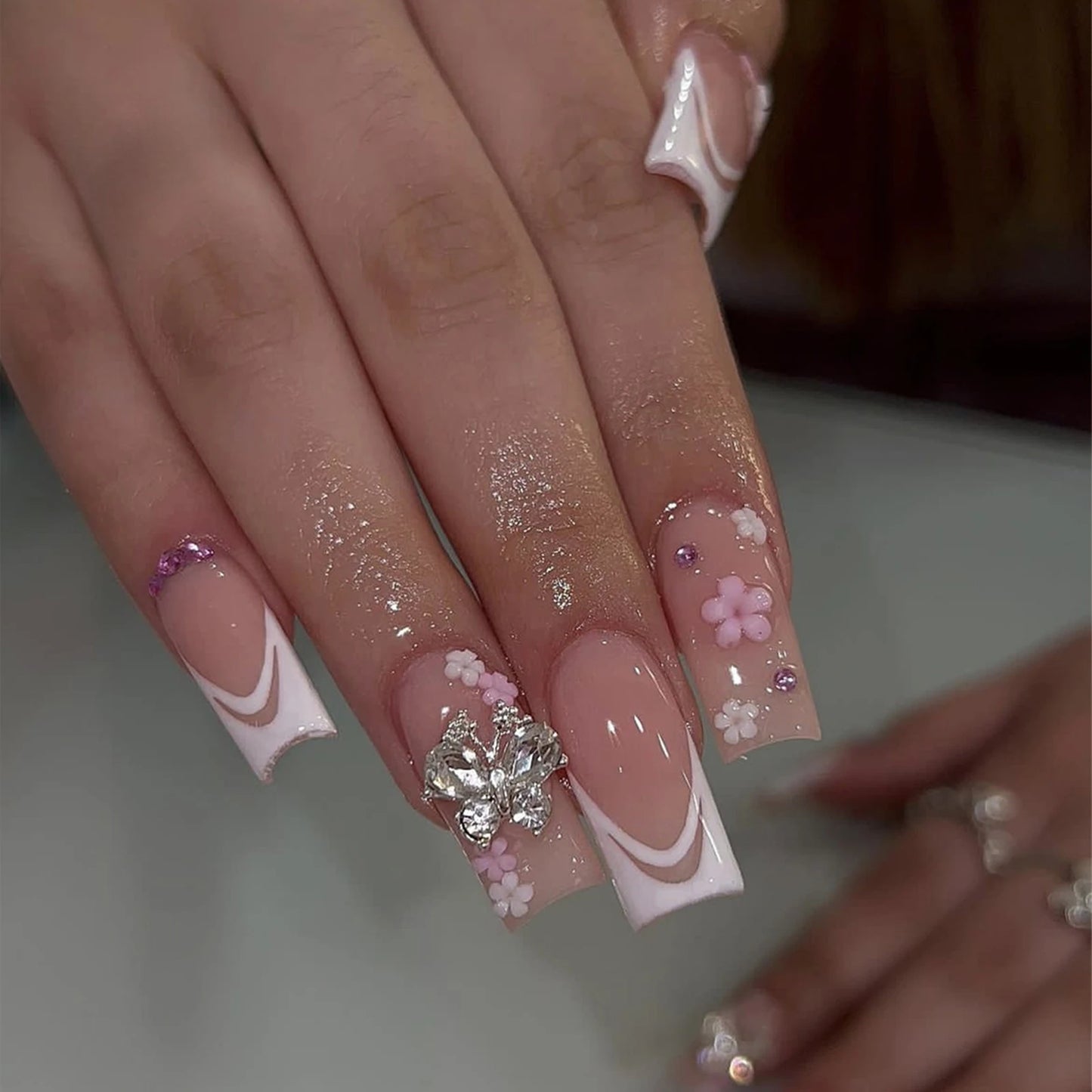 24pcs Sweet Cute Bow False Nails with Pink Crystal Design Korean Fake Nail Tips for Girl Lady Wearable Full Cover Press on Nails Peaceful Pleasures Health and Wellness 8