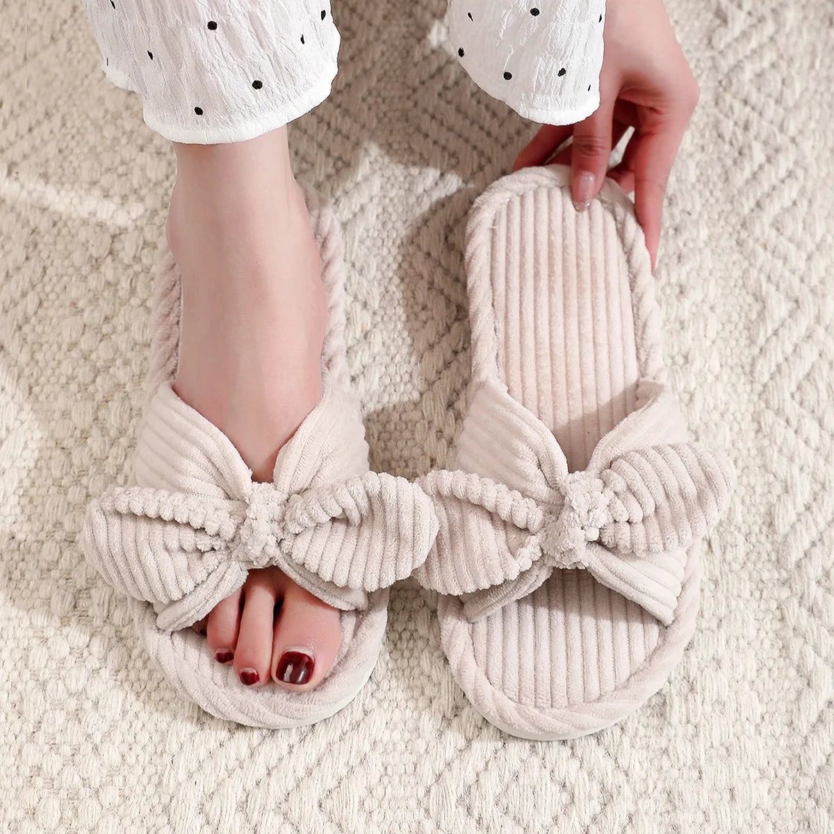 Women's Corduroy Bow Knot Indoor Slippers | Warm EVA Anti-Slip