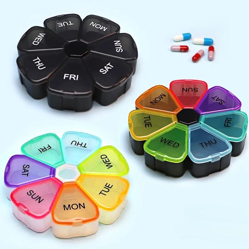 New 7 Days Round Portable Medicine Pill Box Mini Small Travel Vitamin Cases Container Organizer Storage Tablet Fish Oils Tools Peaceful Pleasures Health and Wellness