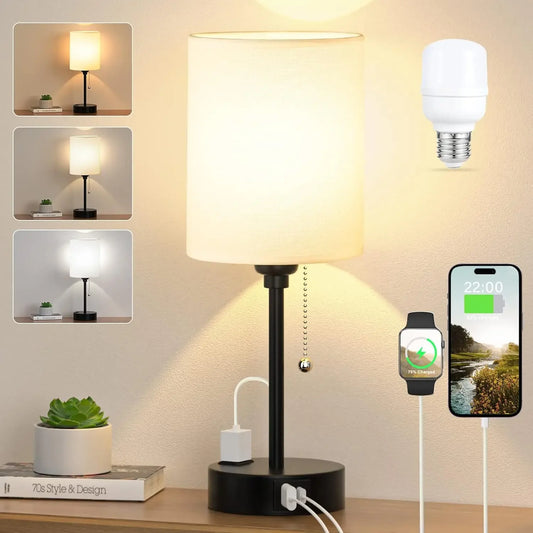 USB-C Bedside Lamp with 3 Color Temperatures, AC Outlet & Pull Chain - White Nightstand Light for Reading Peaceful Pleasures Health and Wellness United States