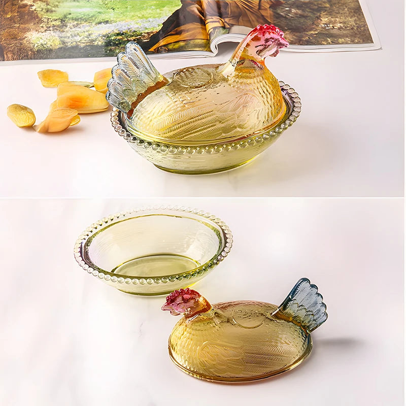 Creative Chicken Shaped Thickening Smooth Color Glass Storage Jar Multipurpose Household Candy And Snack Dim sum Cans With Lid Peaceful Pleasures Health and Wellness