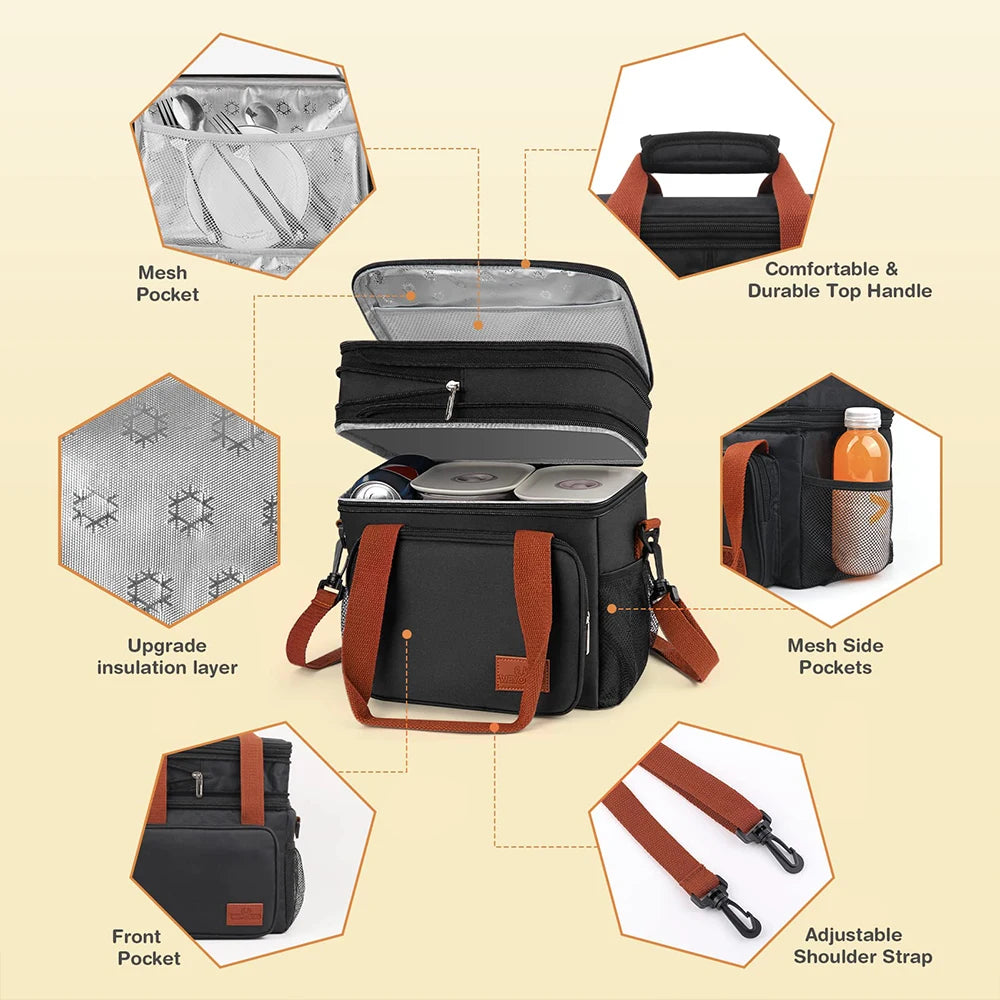 Expandable Insulated Double Deck Lunch Snack Bag 17L Large Cooler Box Leakproof for Work/Picnic/Camping/Travel with Side Pocket Peaceful Pleasures Health and Wellness