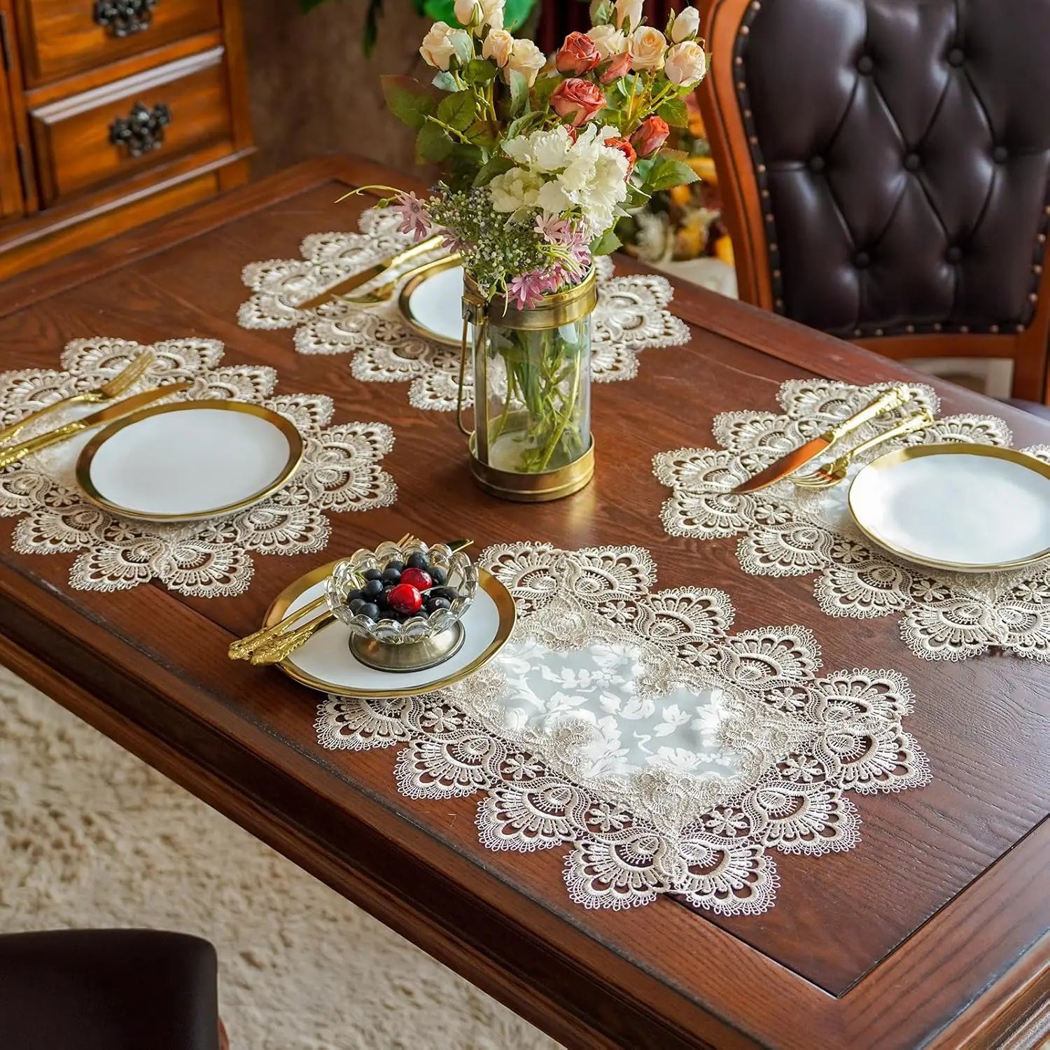 Battilo White Lace Placemats for Dining Table Embroidered Rectangle Cup Mat Set of 2 Decorative Table Mats Wedding Party Decor Peaceful Pleasures Health and Wellness