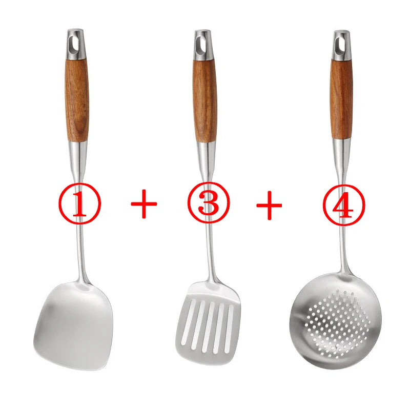 Rosewood Handle Stainless Steel Cookware Set Kitchen Durable Wok Spatula Colander Shovel Cooking Utensil Kitchenware Accessories