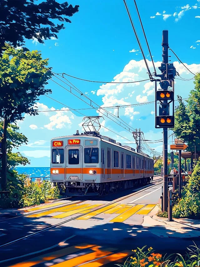 Japanese Anime Landscape Canvas Print | Tram Train Ocean Wall Art Canvas Wall Art Print Peaceful Pleasures Health and Wellness
