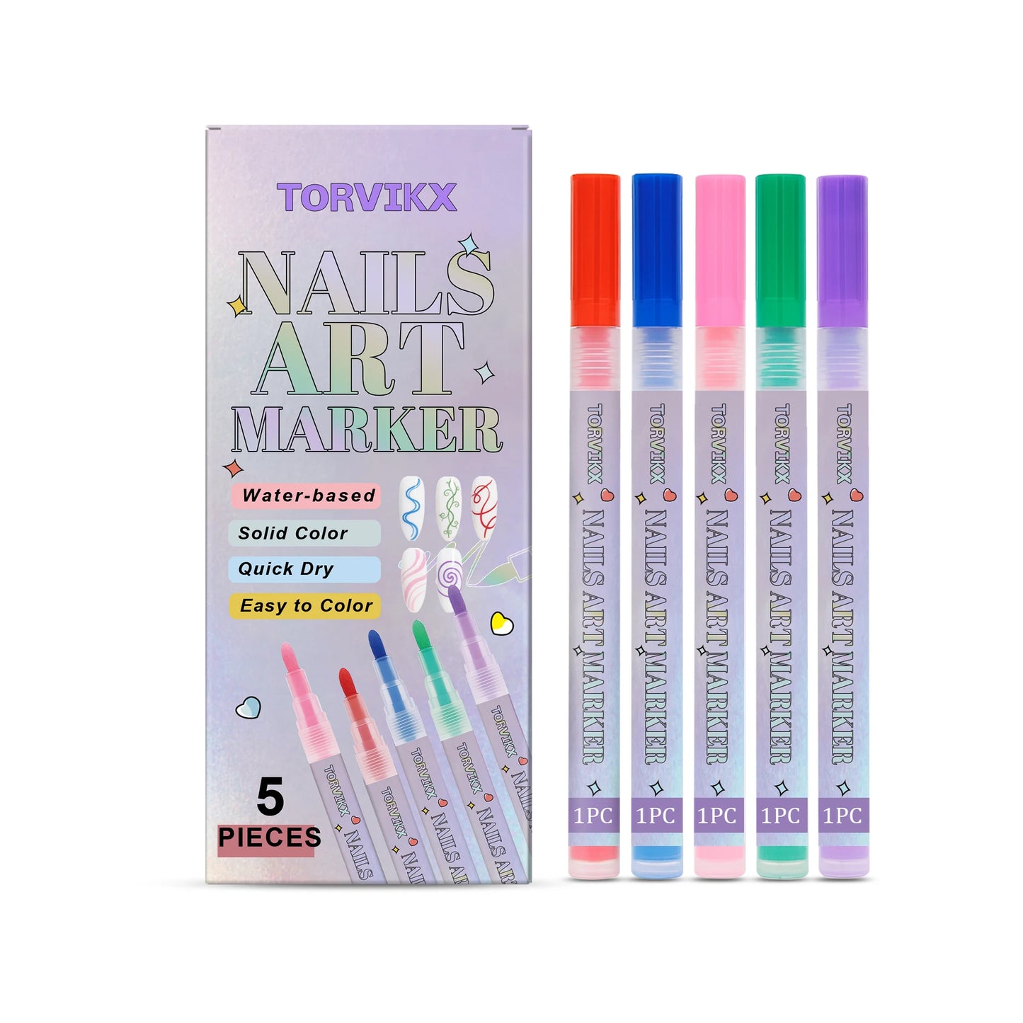Water-Based Nail Art Markers Set | 5pc Quick Dry Pens Nail Art Pens Peaceful Pleasures Health and Wellness 5pcs Boxed